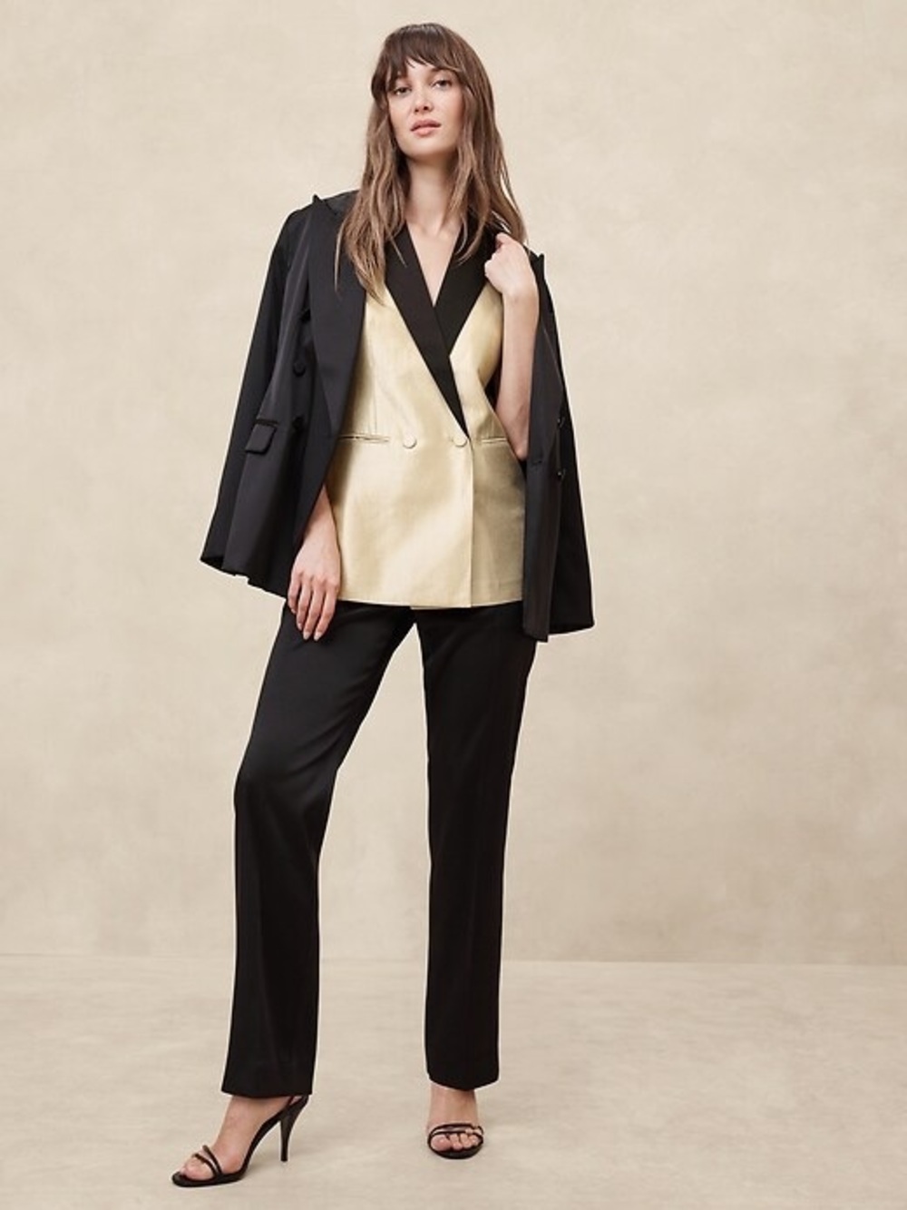 Banana Republic Gold Satin Sleeveless Vest with Black Shawl Lapel